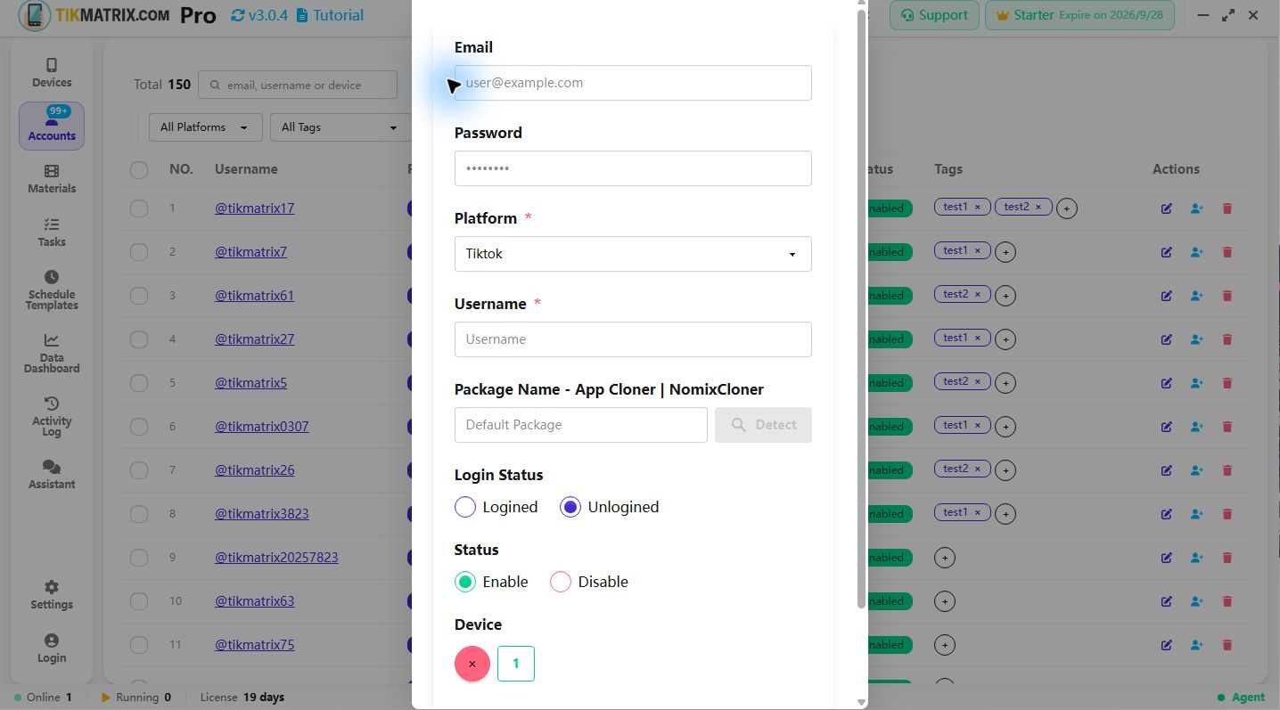 Account form with platform, username, login status and device fields