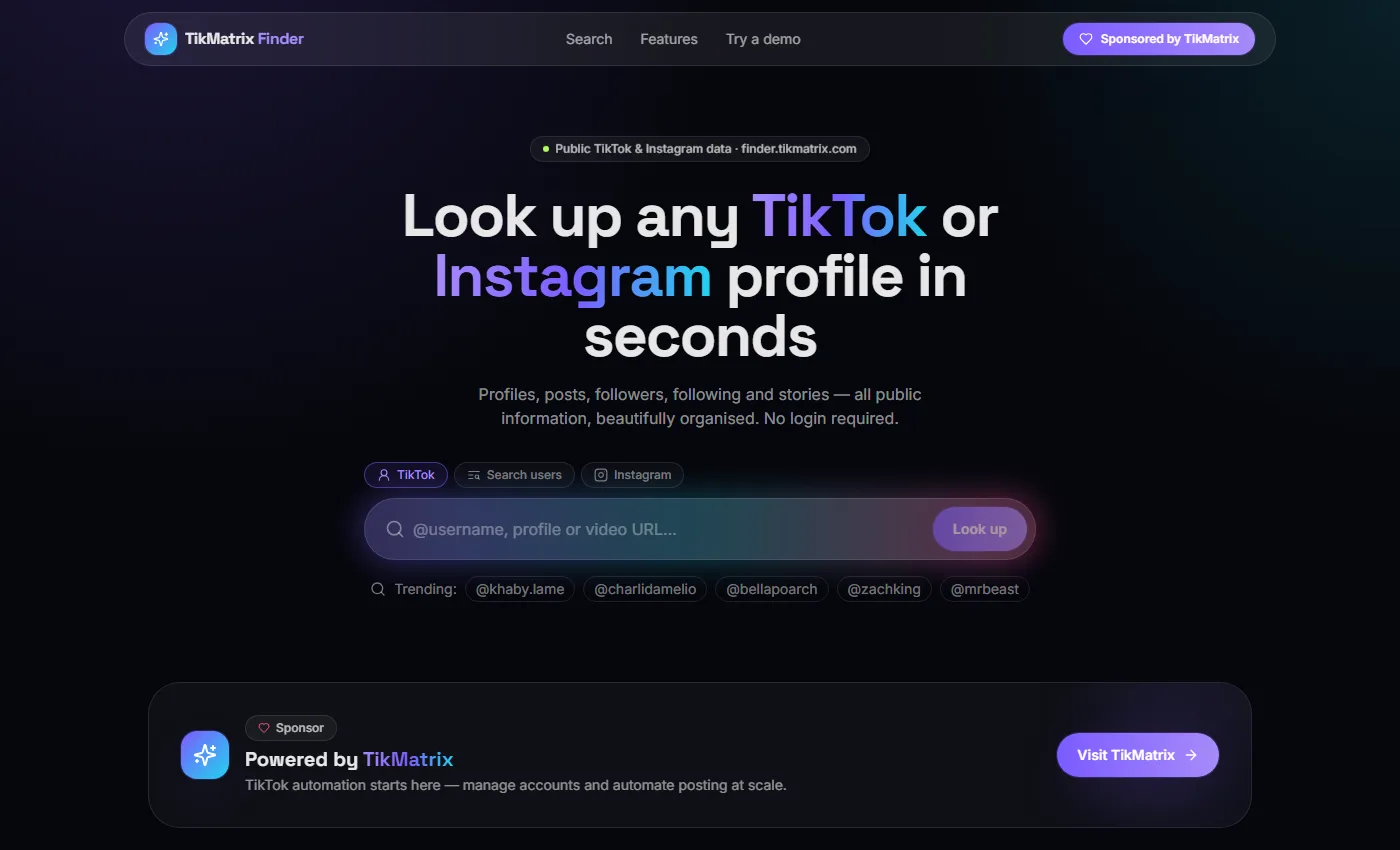 TikMatrix Finder — חפש כל פרופיל ב-TikTok או Instagram