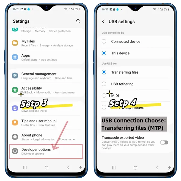 הפעלת ניפוי באגים USB שלבים 3-4