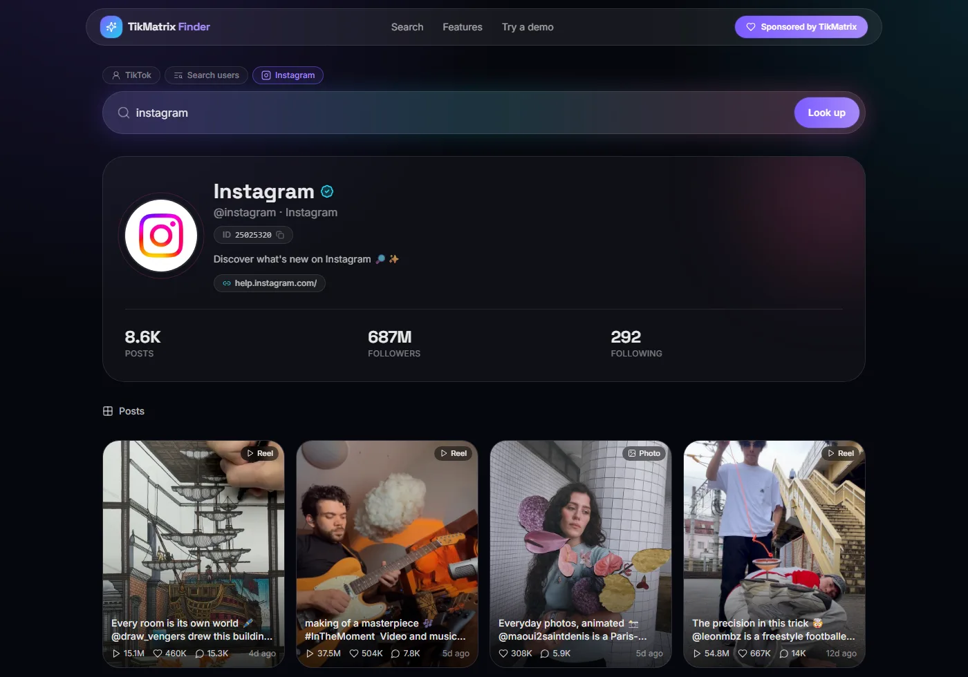 TikMatrix Finder Instagram profil araması